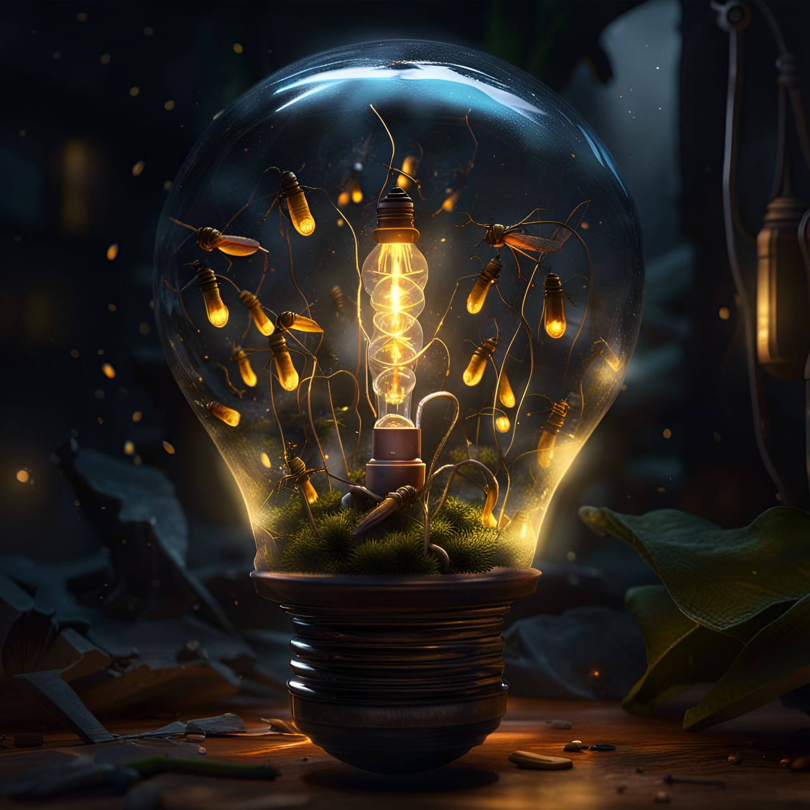 Fireflies in Light Bulb: Dark Fantasy Concept Art