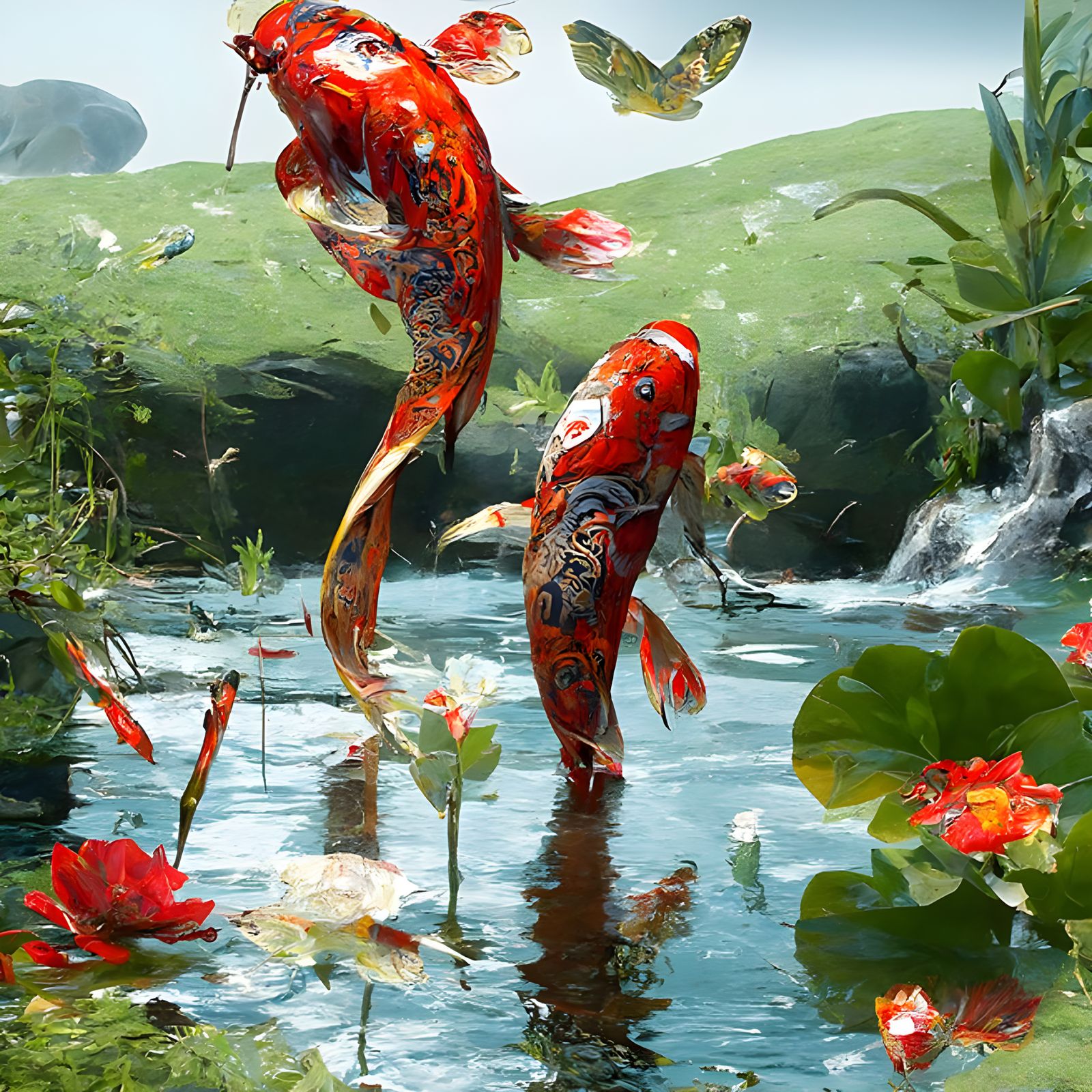 Photorealistic Koi Fish Swimming in Pond