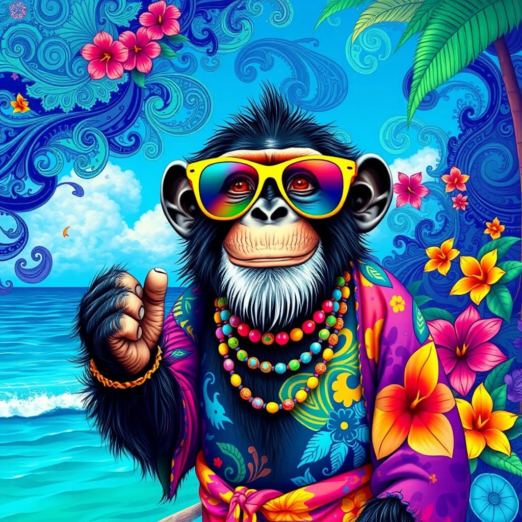 Hippie Chimpanzee in Lush Tropical Setting as Digital Art