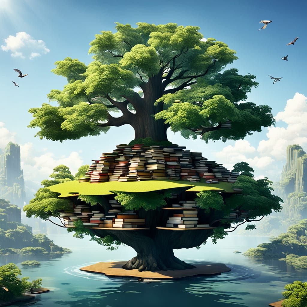 Enchanted Floating Isle with Bibliophilic Tree