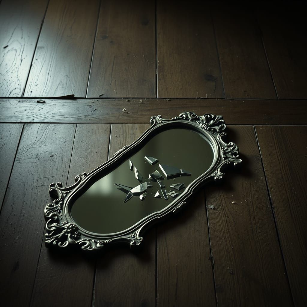 Surreal Shattered Mirror in Haunting, Eerie Stillness