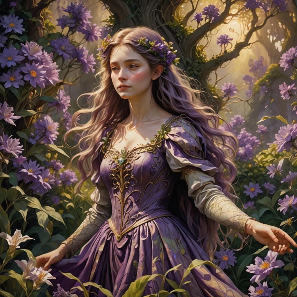 Woman in Purple Flower Garden: Fantasy Art
