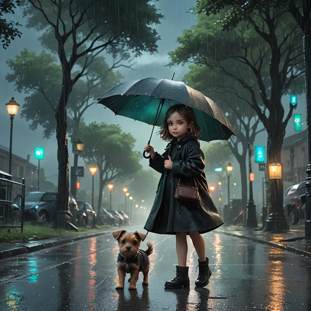 Girl and Puppy in Rainy Fantasy Landscape