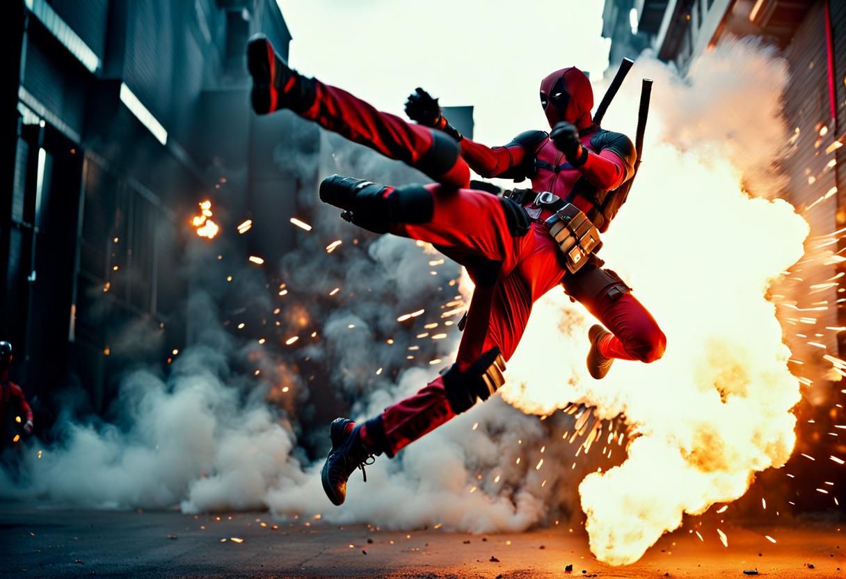 Deadpool Taekwondo Kick in Fiery Explosion