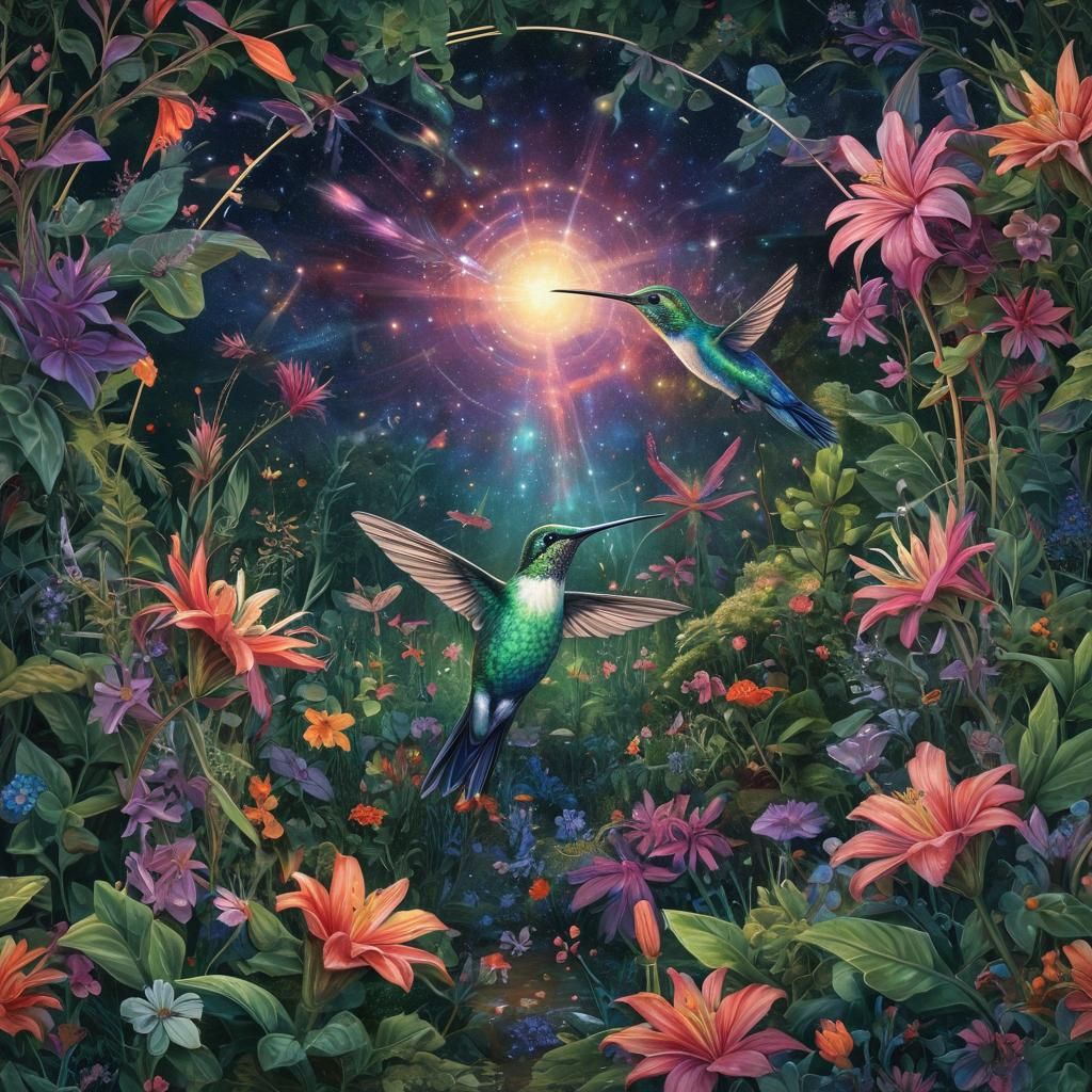Hummingbird in Fairy Garden: Cosmic Illustration