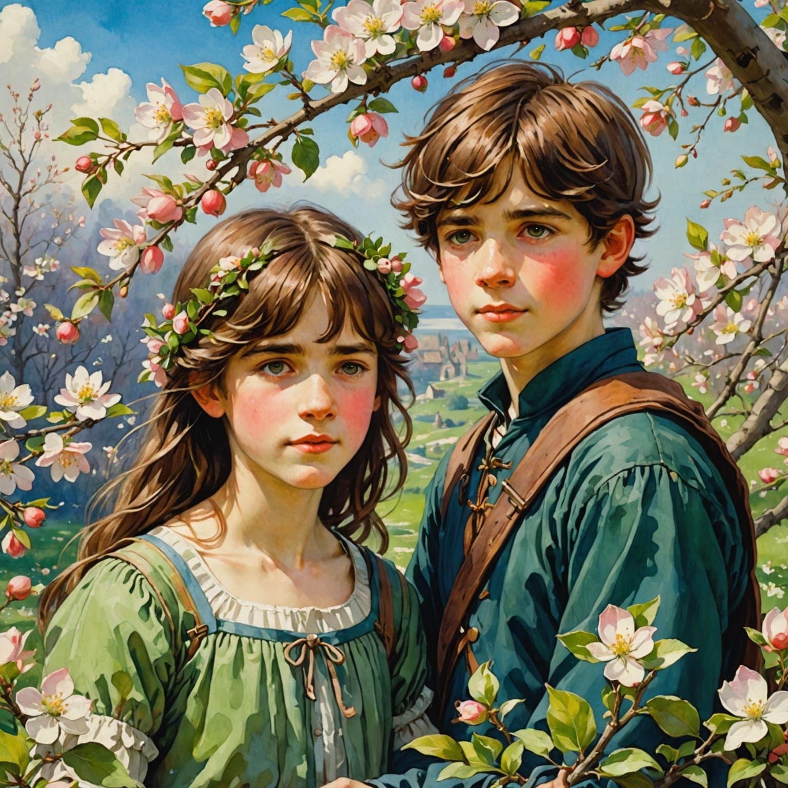 Vibrant Springtime Scene in Watercolor Style