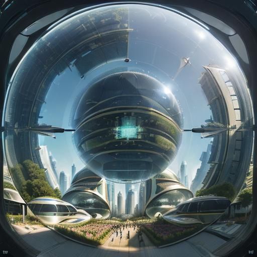 Futuristic Glass City at Sunset in Oil Painting Style