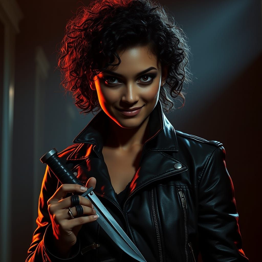 Mixed Race Assassin Smiles in Noir Shadows