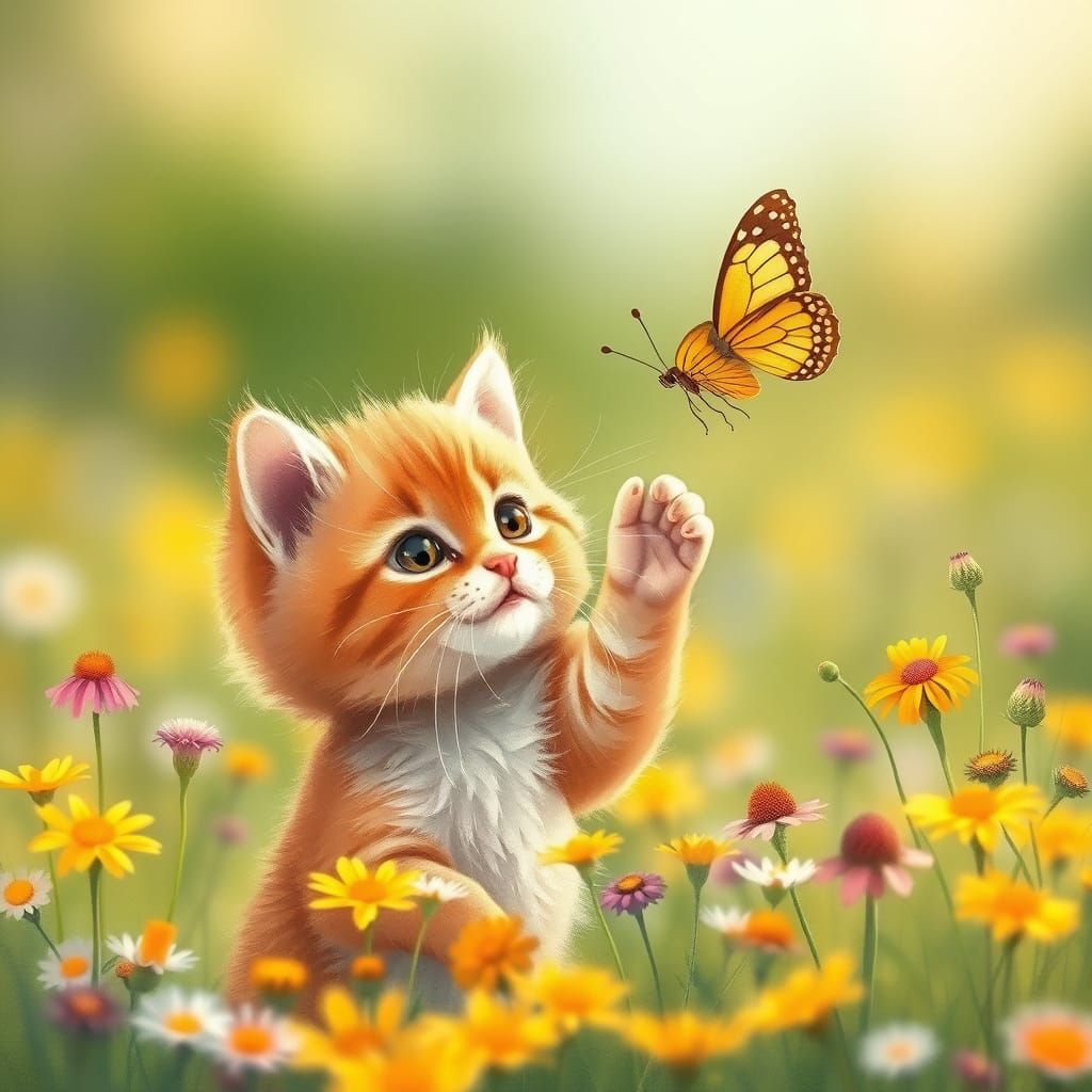 Ginger Kitten Chasing Luminous Butterfly in Wildflower Meado...