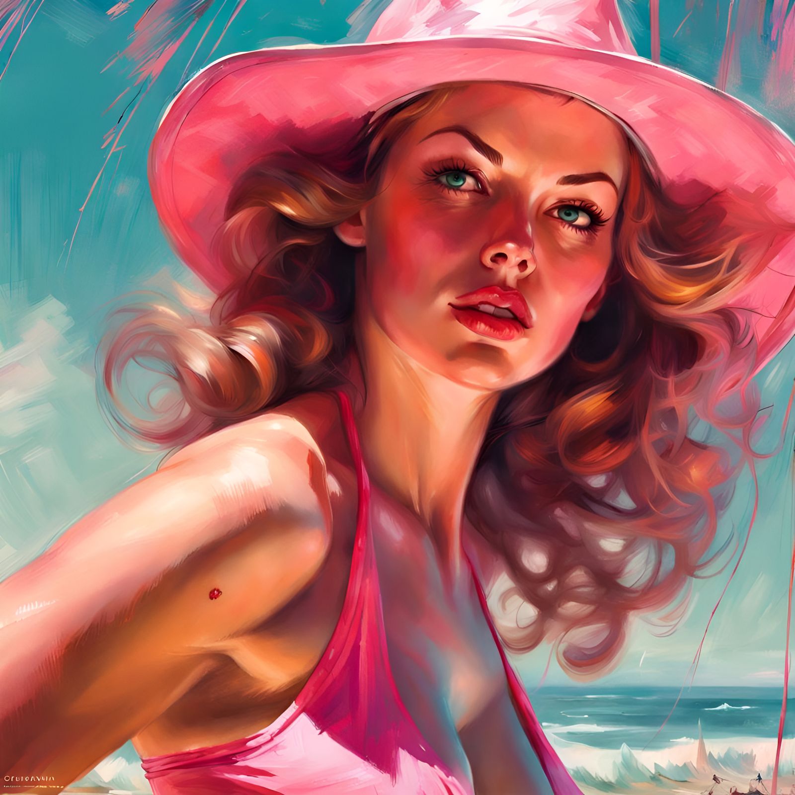 Glamorous Woman in Pink Bikini, Digital Illustration