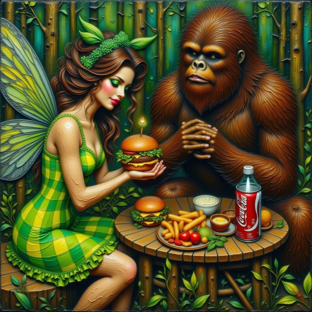 Fairy and Sasquatch Picnic in Textured Forest Painting
