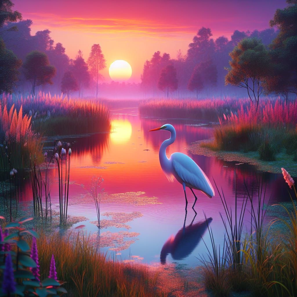 Elegant Egret in Marshland Sunset