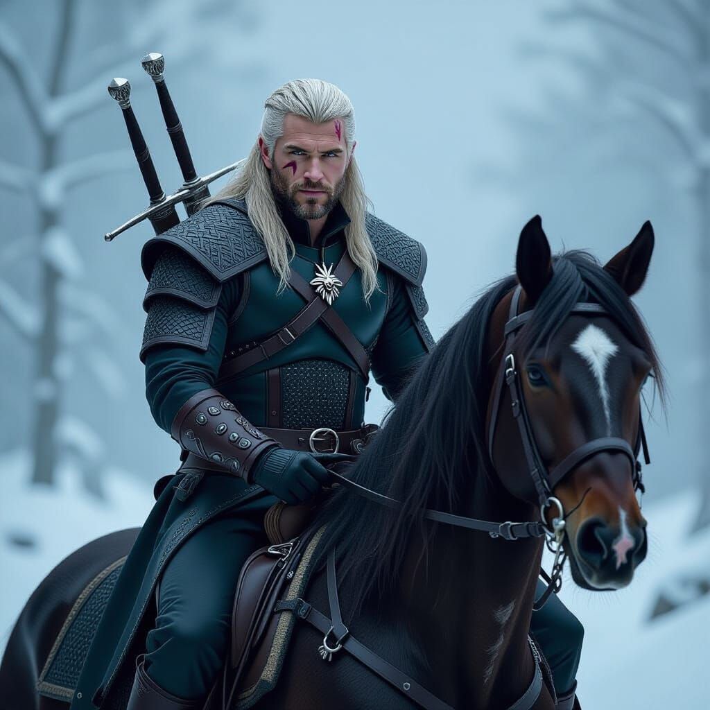 Liam Hemsworth as Geralt of Rivia in Dark Fantasy Style