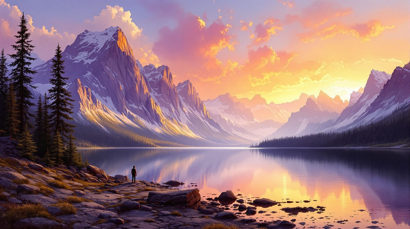 Serene Mountain Lake Sunset Landscape Painting
