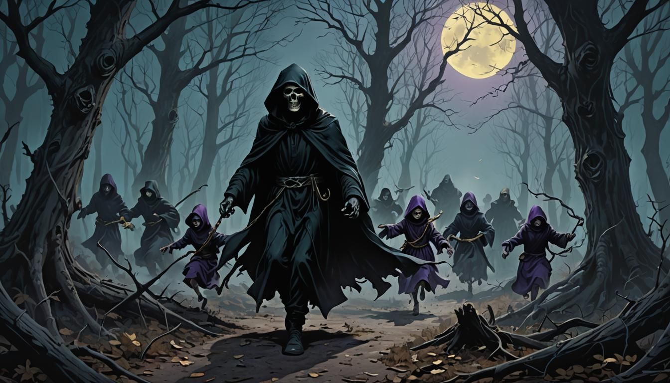 Grim Reaper Chasing Children in Haunted Forest