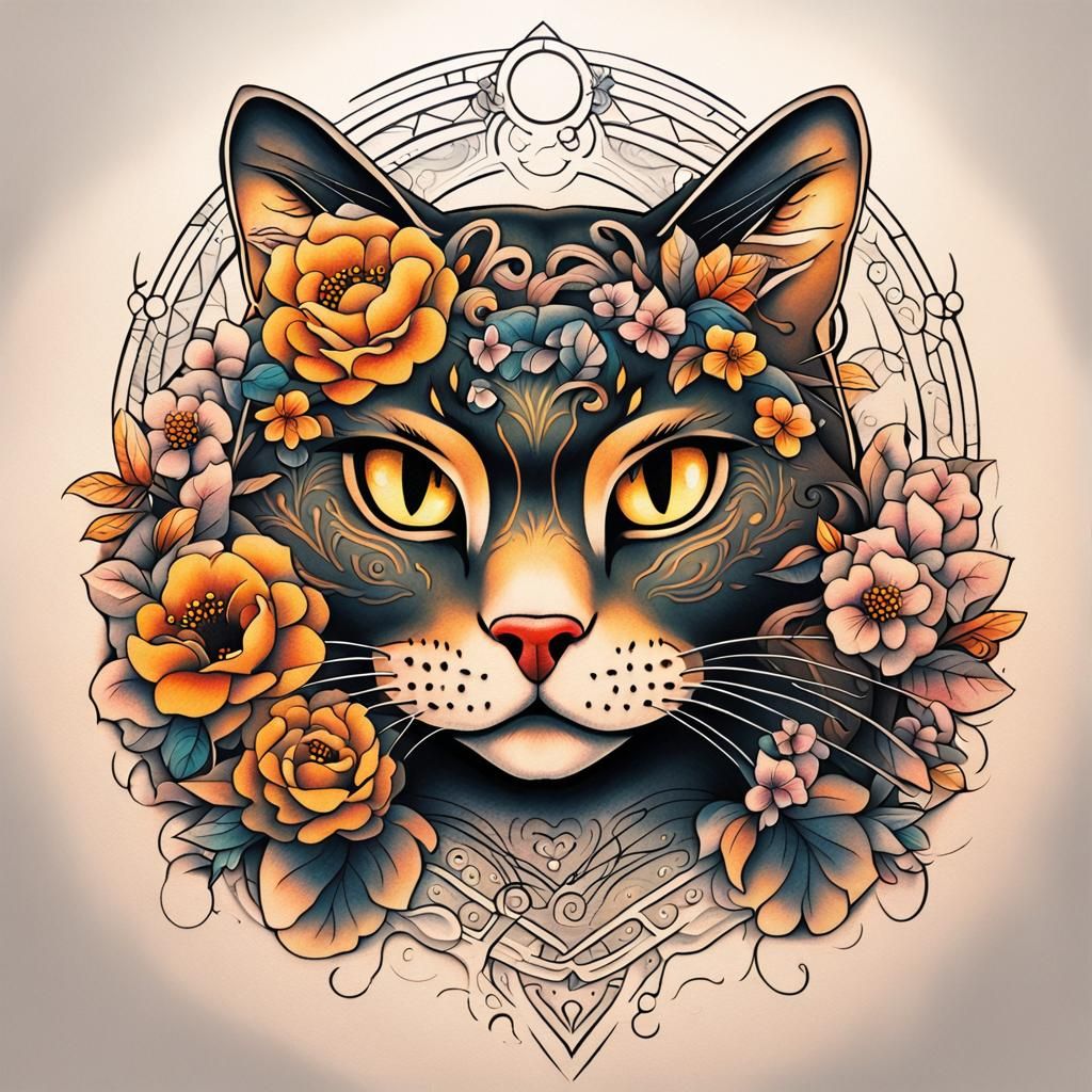 Neo-Traditional Cat Tattoo with Halo and Flowers