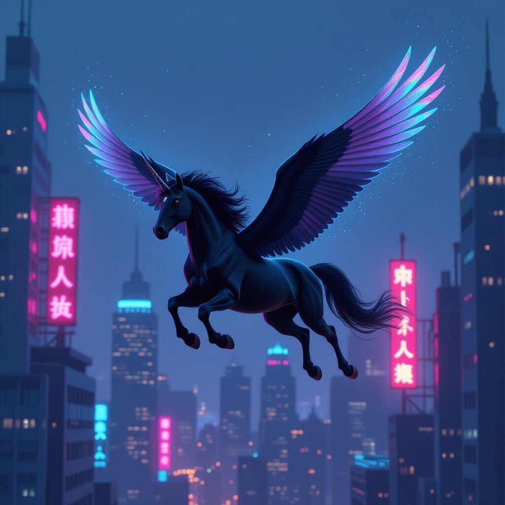 Black Pegasus Soaring Through Cyberpunk Cityscape