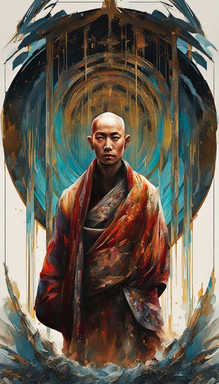 Monk in Bamboo Frame: Digital Illustration