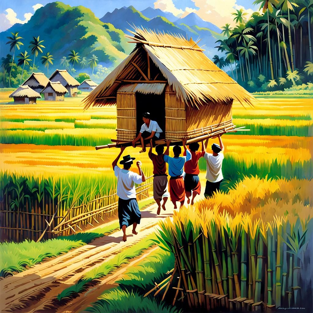 "Bayanihan" is a traditional Filipino custom in which villagers help their neighbors relocate by lifting their bamboo an...