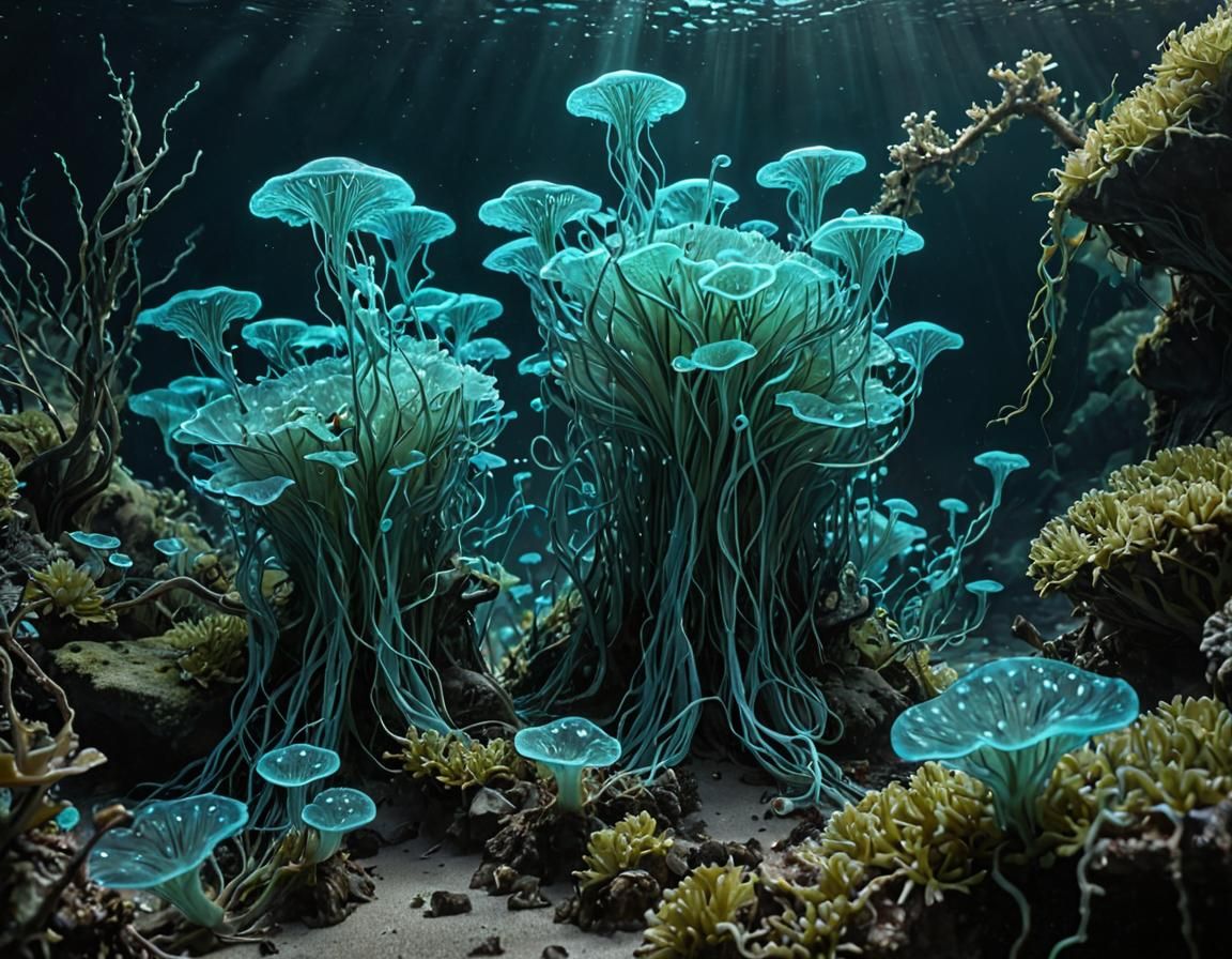 Bioluminescent Fungi in Alien Underwater Landscape