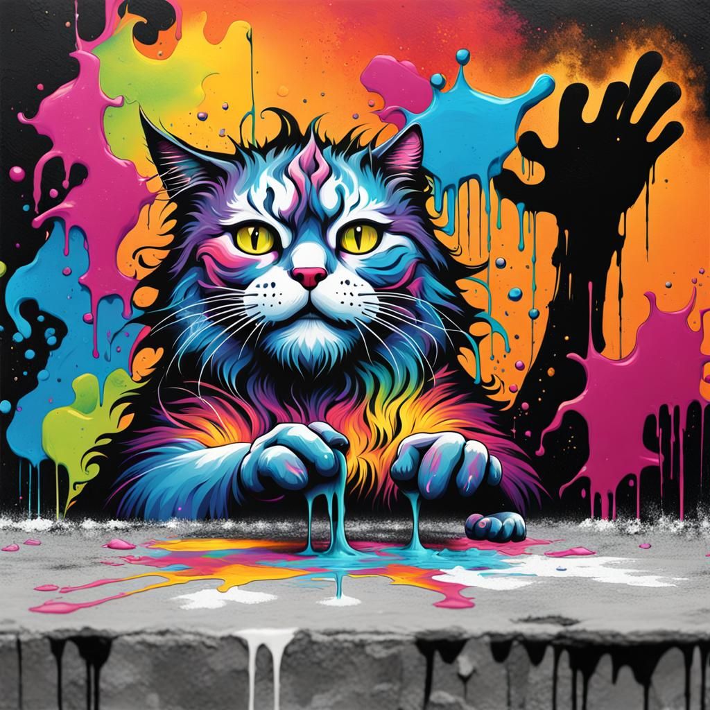 Fearsome Cat Deity in Graffiti Splash Art