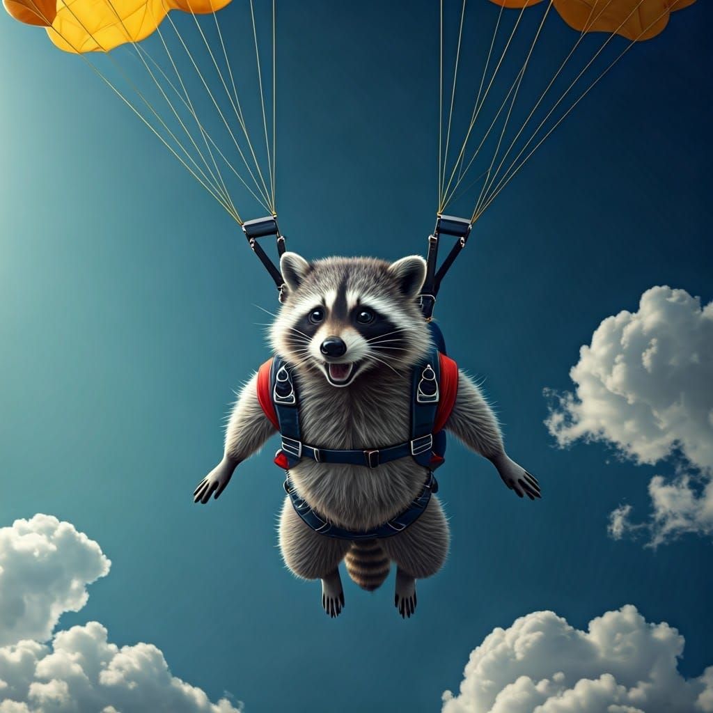 Raccoon Skydiving Adventure in Hyperreal Detail