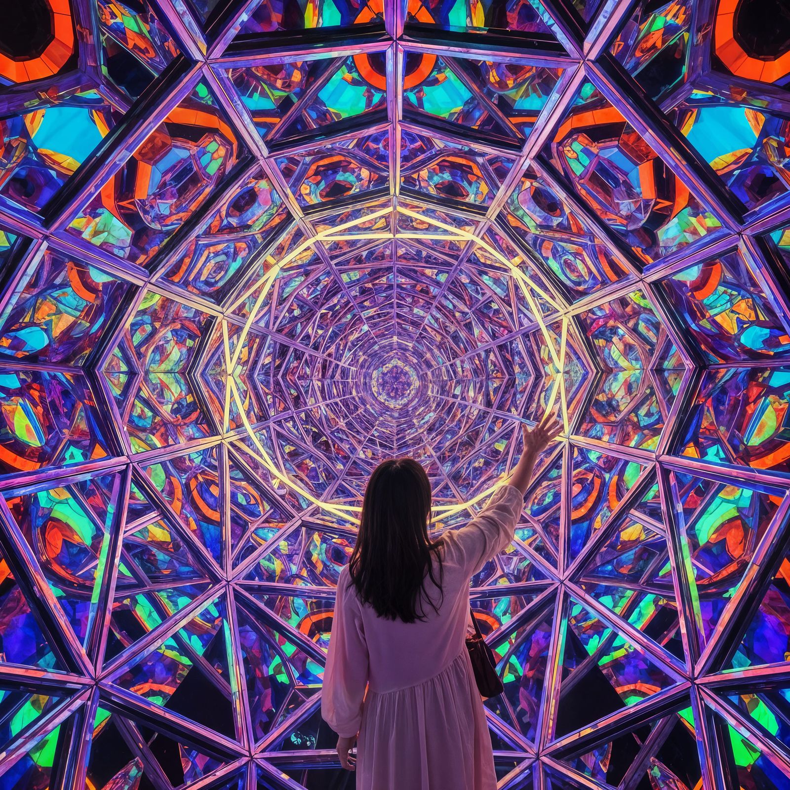 Japanese Woman in Iridescent Kaleidoscope Art Installation