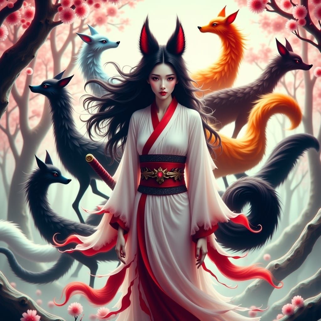 Majestic Nine-Tailed Kitsune in Cherry Blossom Forest