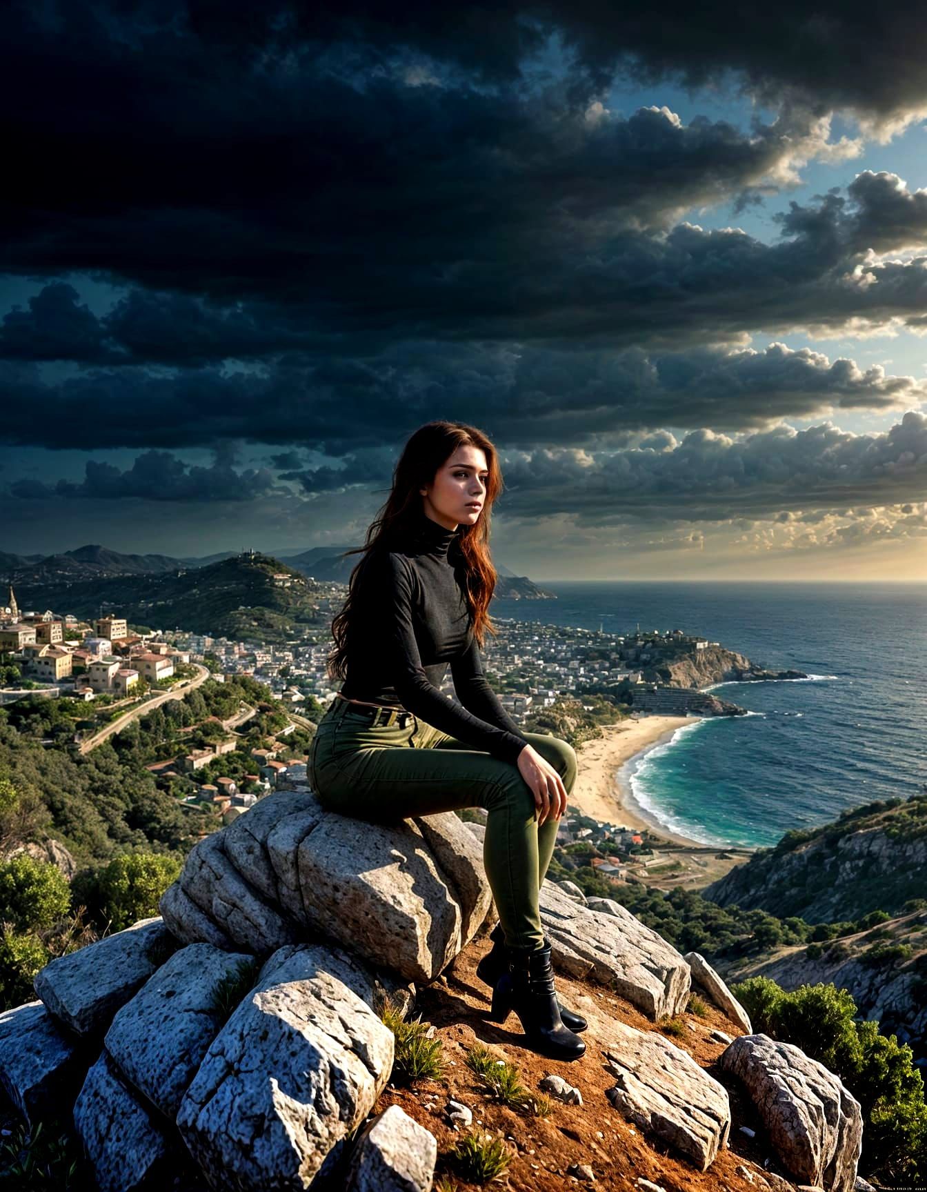 Sad Lebanese Woman in Hilltop Landscape by Luis Royo
