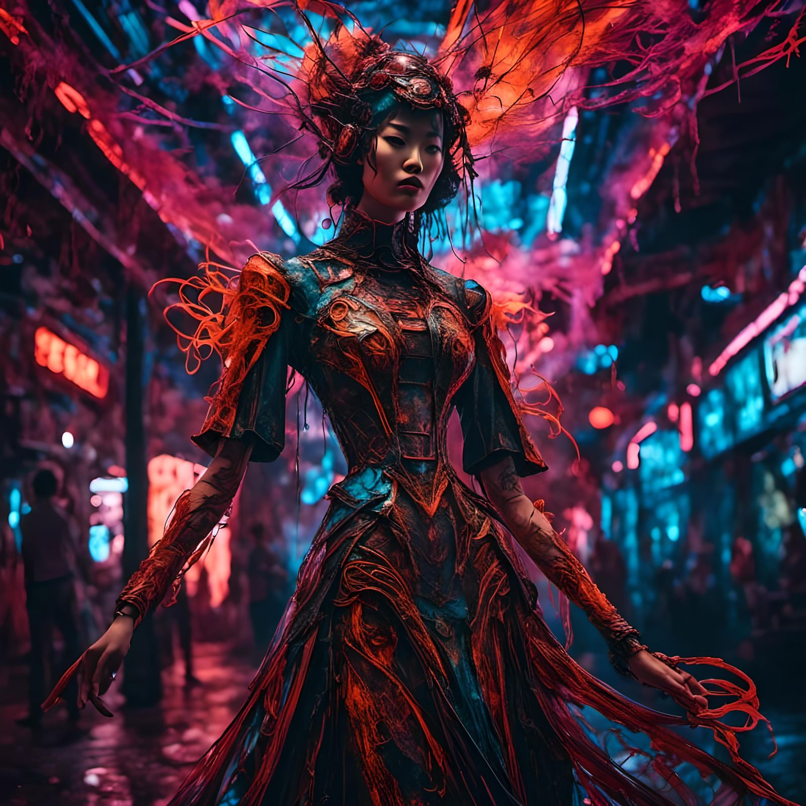 Cyberpunk Carnival: Woman in Neon Cityscape