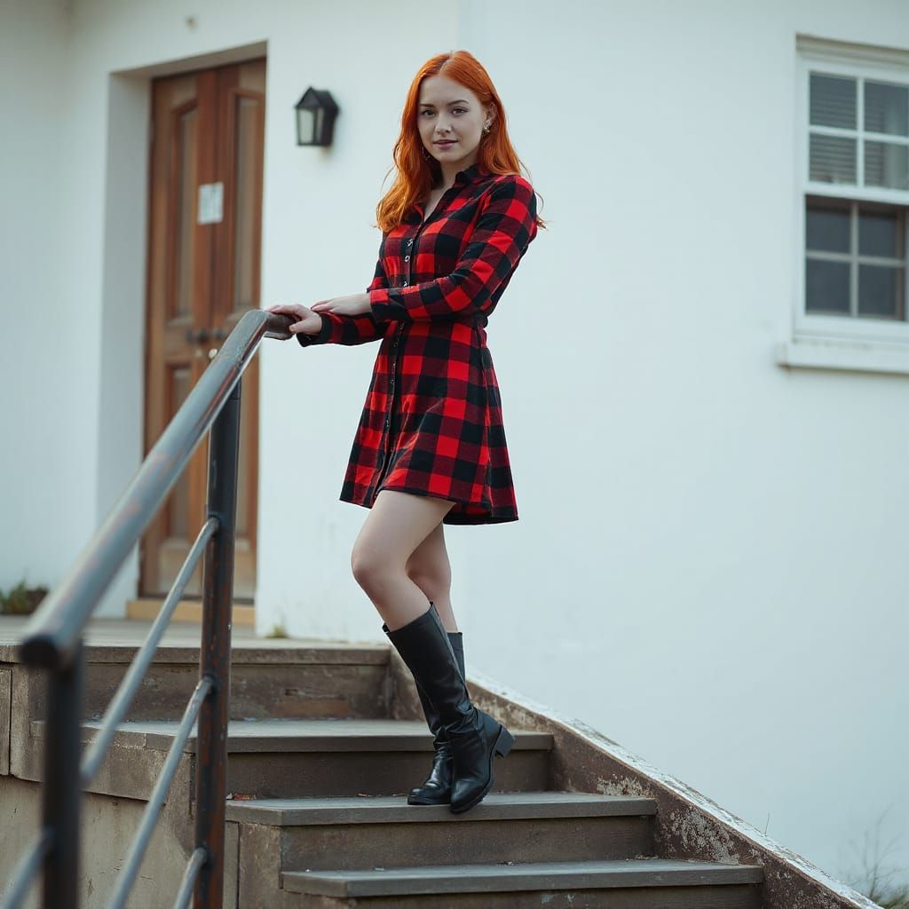 Confident Redhead in Plaid Dress on Rustic Stairs