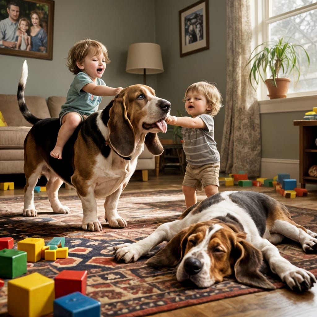 Toddler Rides Basset Hound in Cozy Living Room