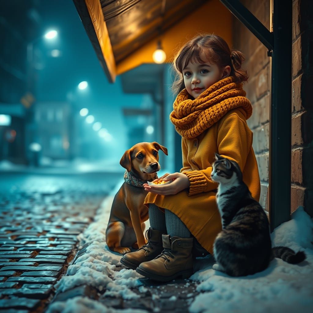 Girl Shares Dinner With Strays in Snowy Night Scene