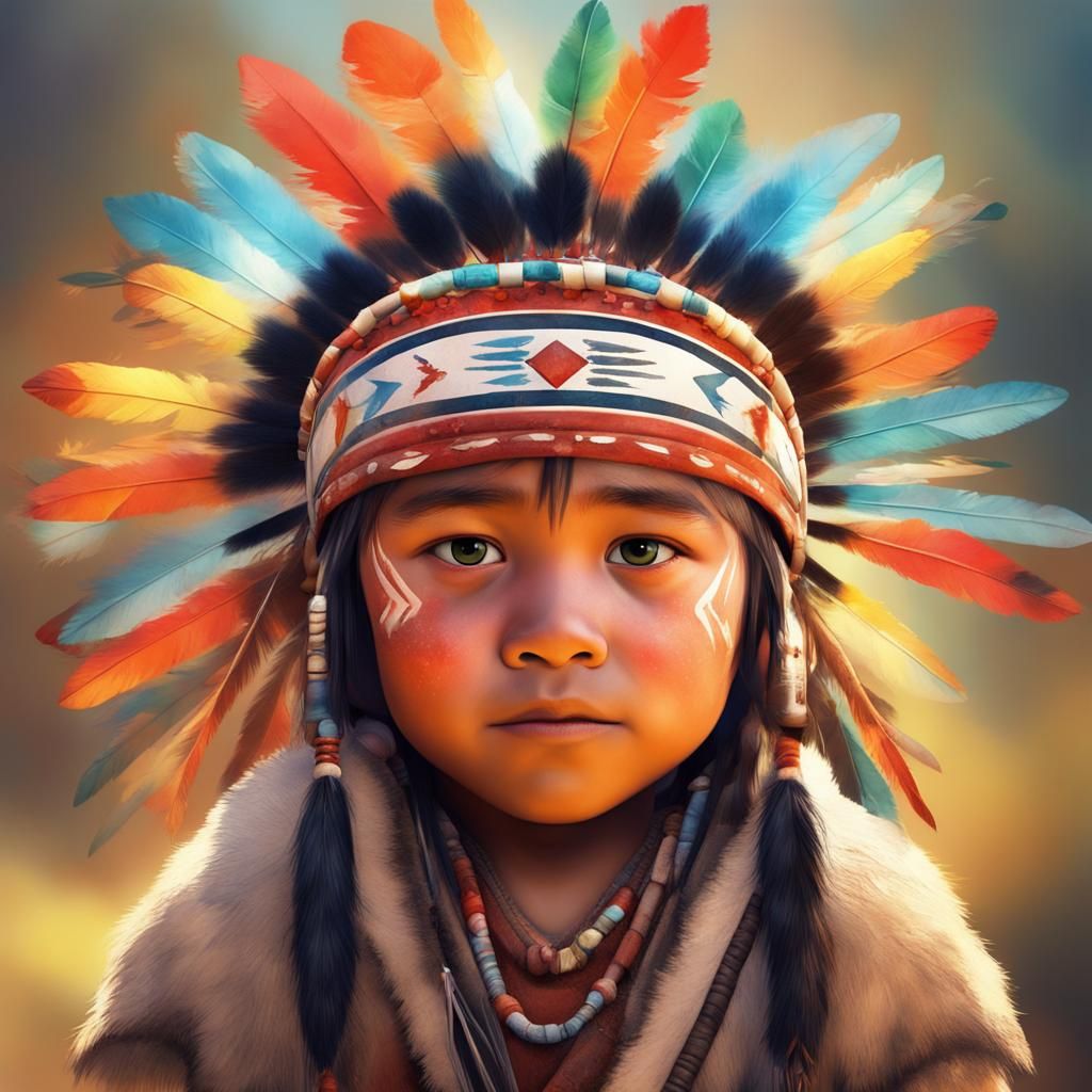 Native Cherokee Child in Headdress: 3D Digital Art