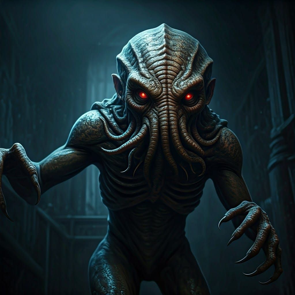 Cthulhu-Inspired Demon Alien Creature in the Style of Beksiń...