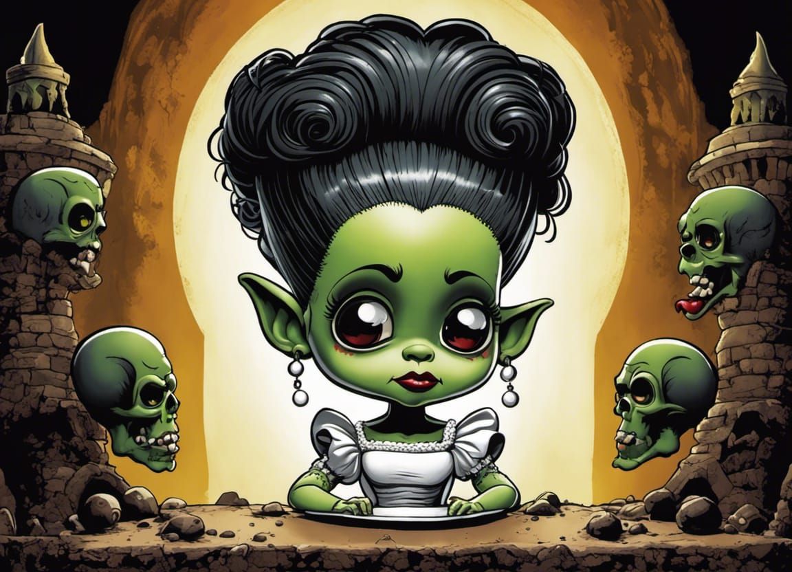 Adorable Chibi Bride of Frankenstein in Horror Style