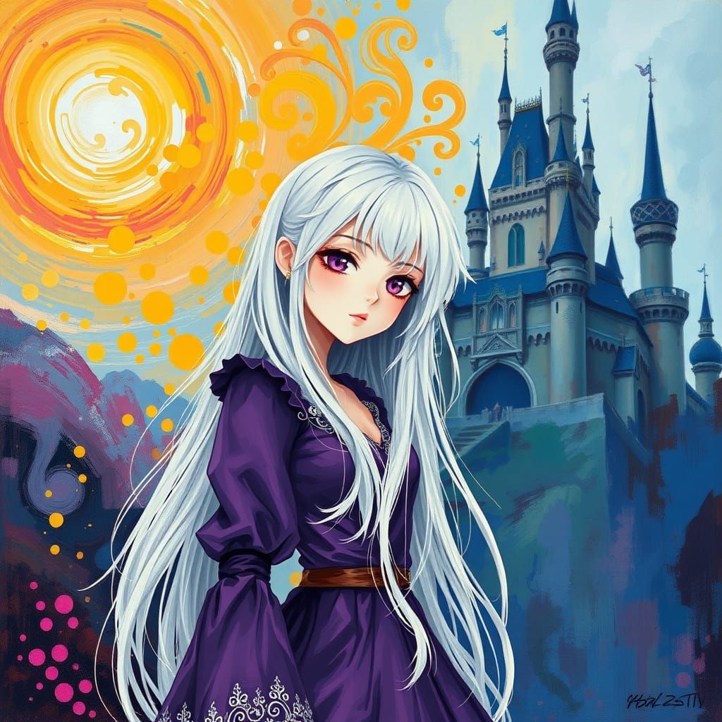 Anime Woman in Purple Dress, Neo-Impressionist Style
