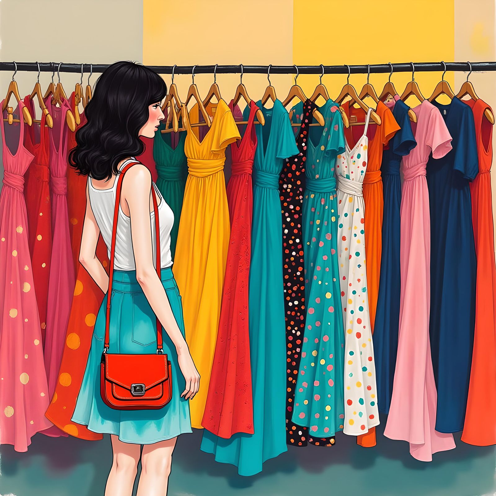Fashionista Browsing Colorful Dresses on Rack