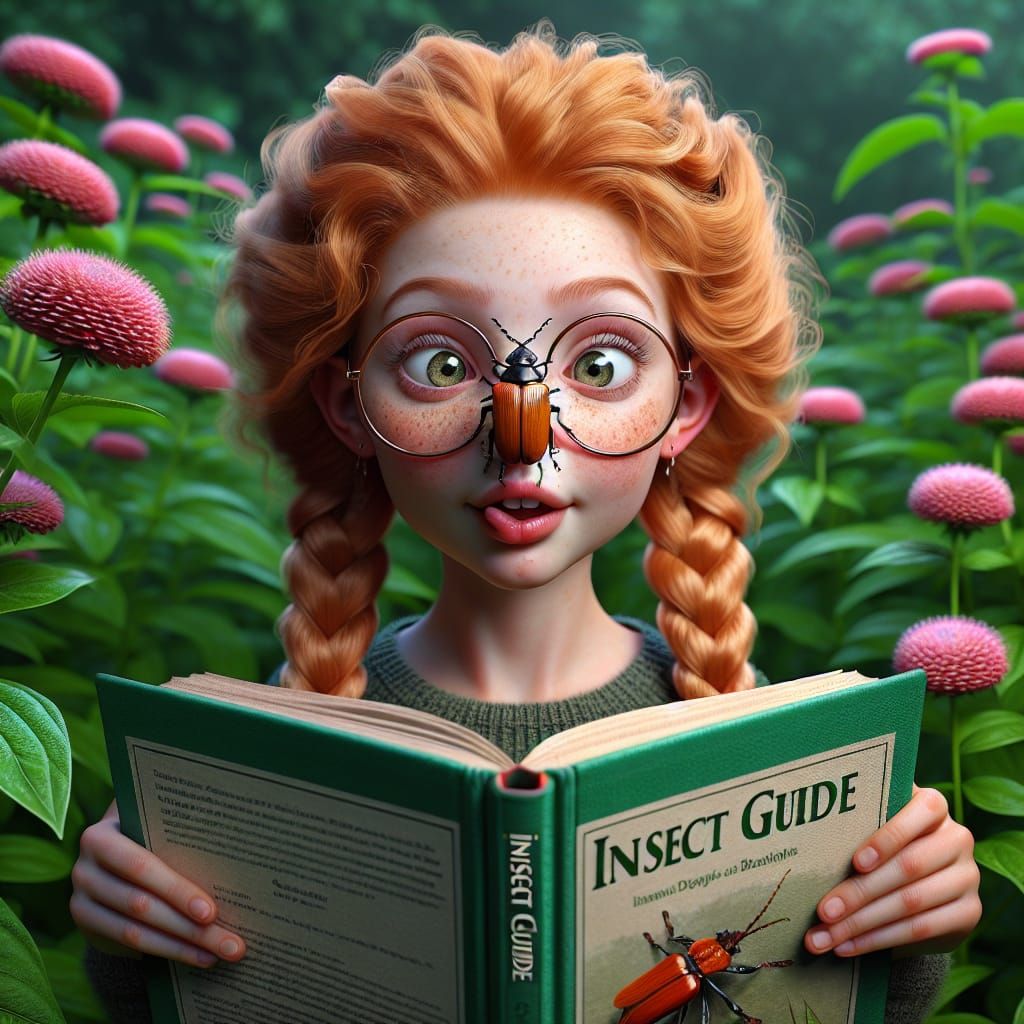 Girl Entomologist with Red Hair and Beetle