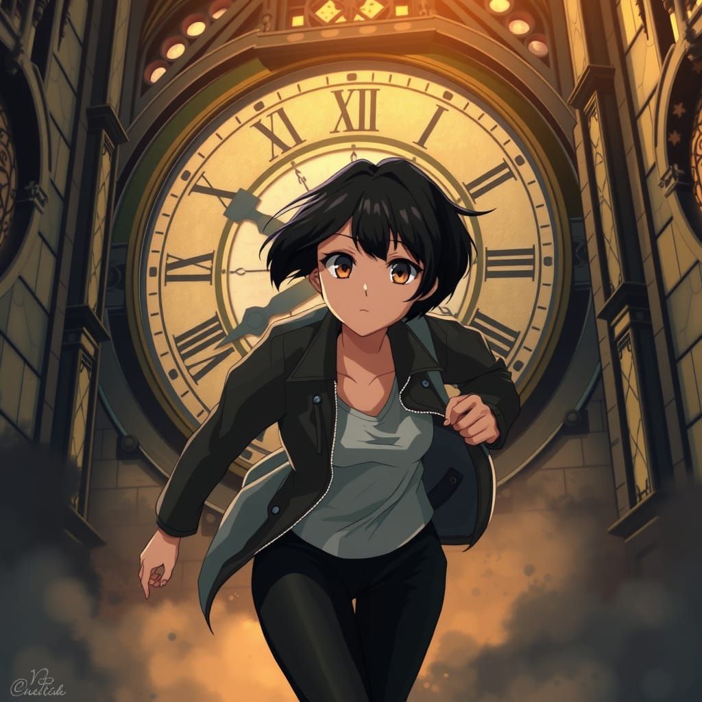 Anime Woman Sprinting in Gothic Clock Tower
