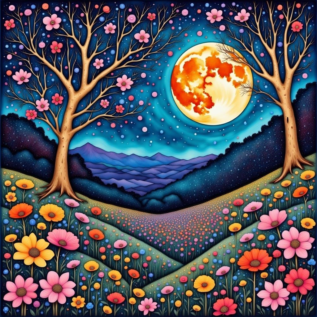 Liquid Ink Field of Flowers in Flux Style