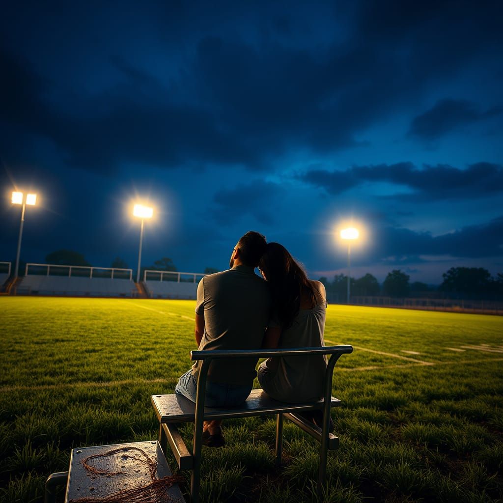 Couple Under Football Lamps in a Fantastical Landscape