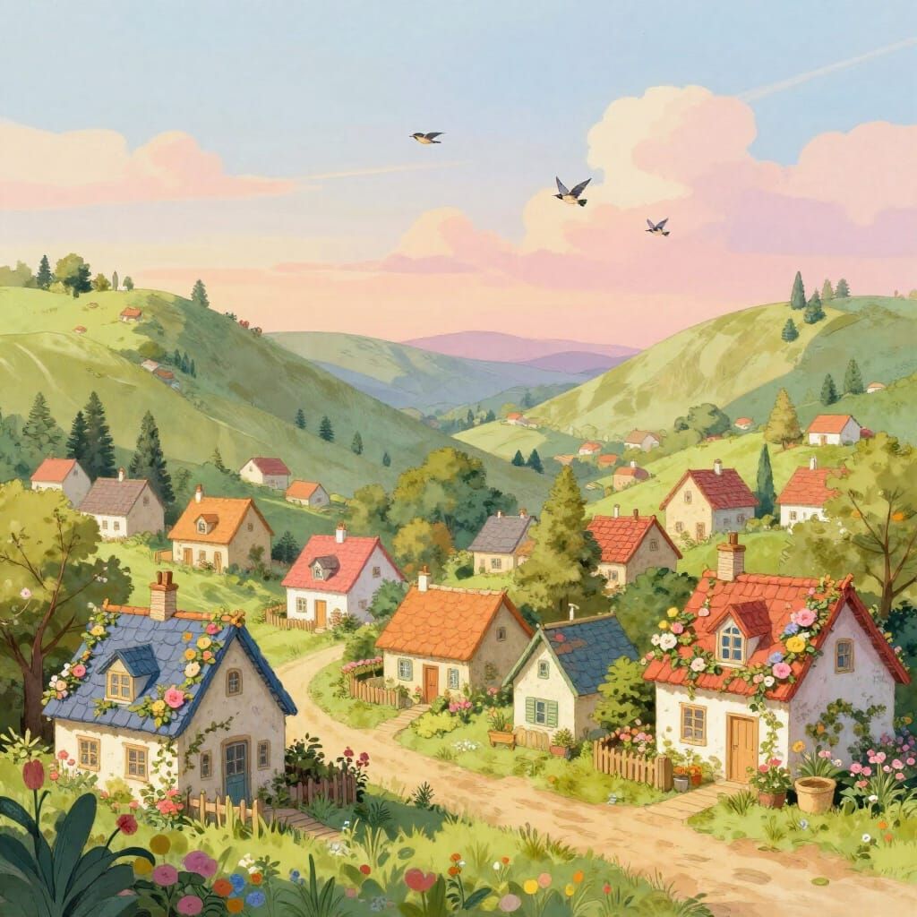 Cozy Storybook Village with Flower Roof Cottages