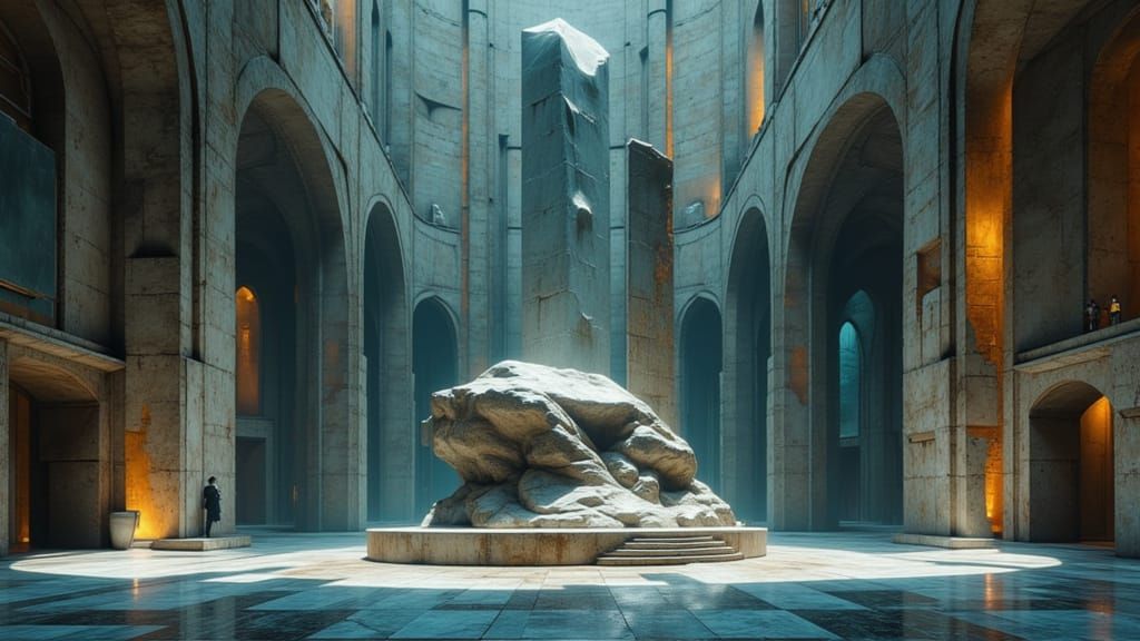 Modern Architecture with Monumental Stone Sculpture