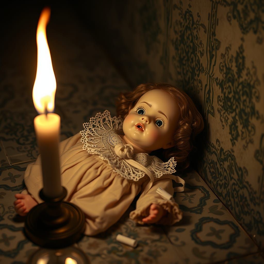 Mystical Porcelain Doll Abandoned in Candlelight