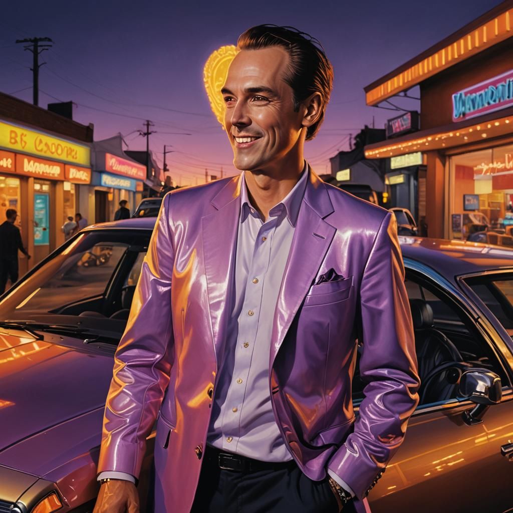Sleek Car Salesman in Neon-Lit, Hyperrealistic Digital Art