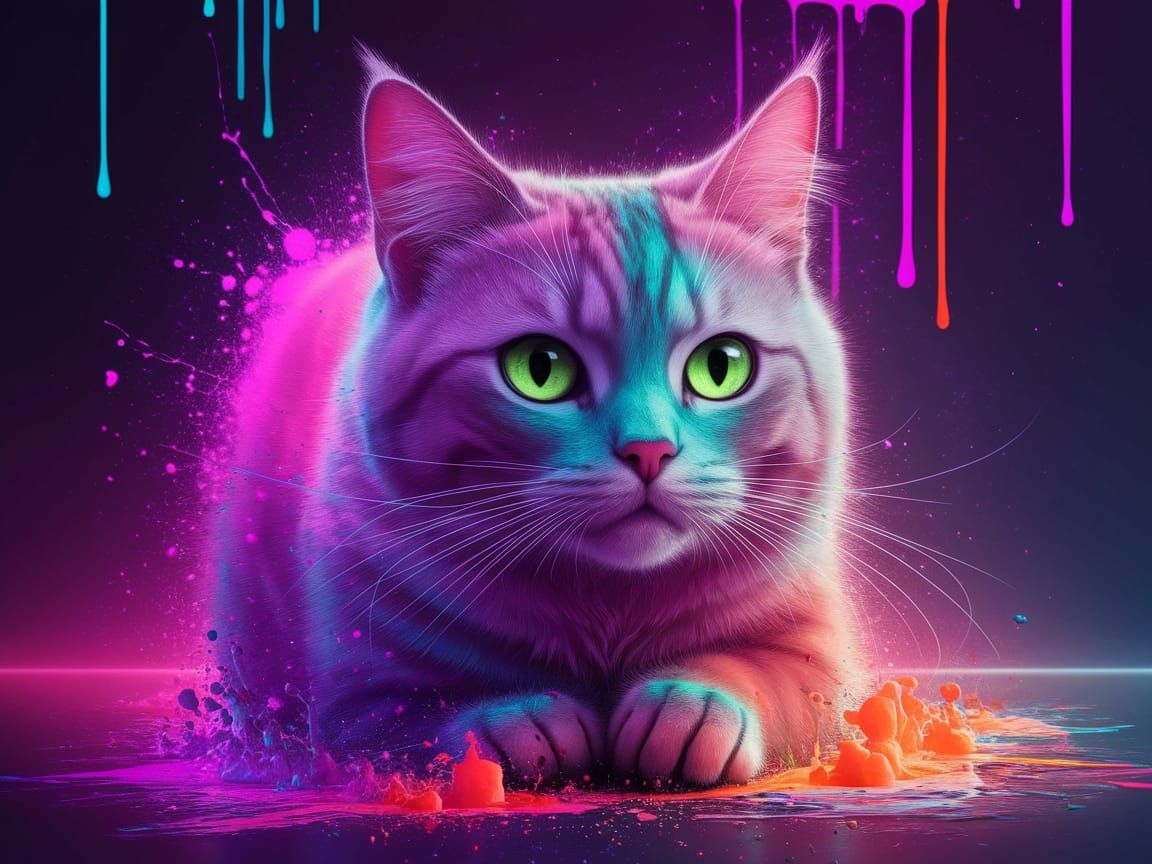 Vibrant Neon-Colored Cat in Psychedelic Art