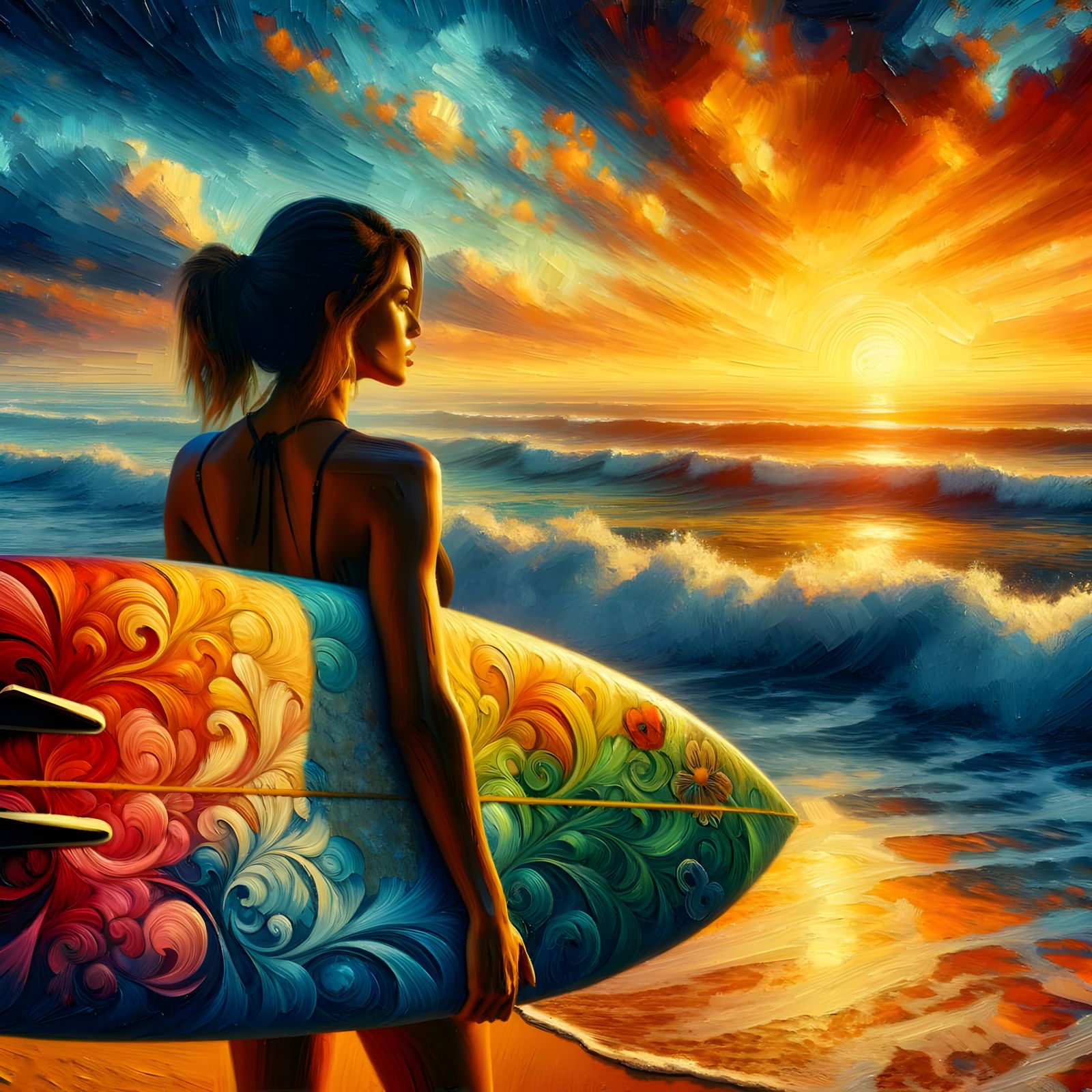 Hispanic Surfer Girl Oil Painting at Sunrise
