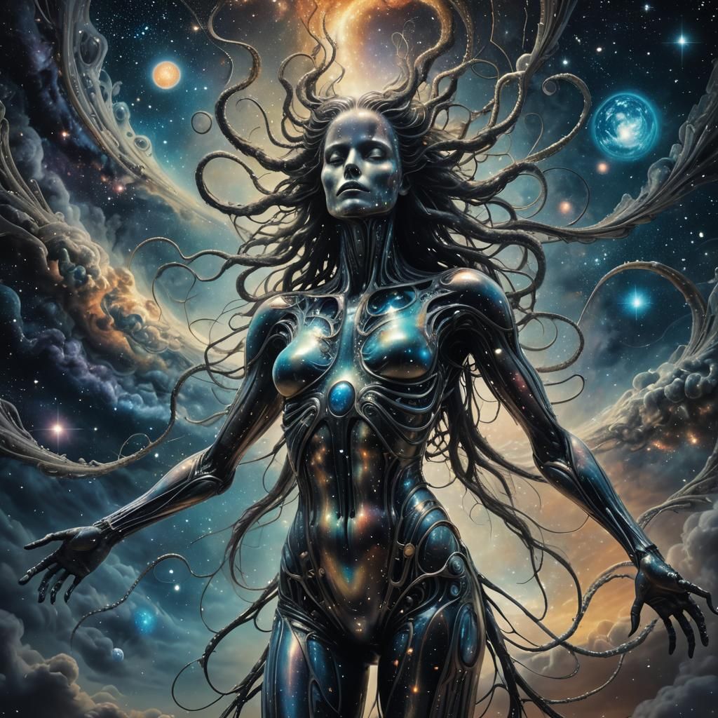 Ethereal Being of Starry Night in Cosmic Surrealism