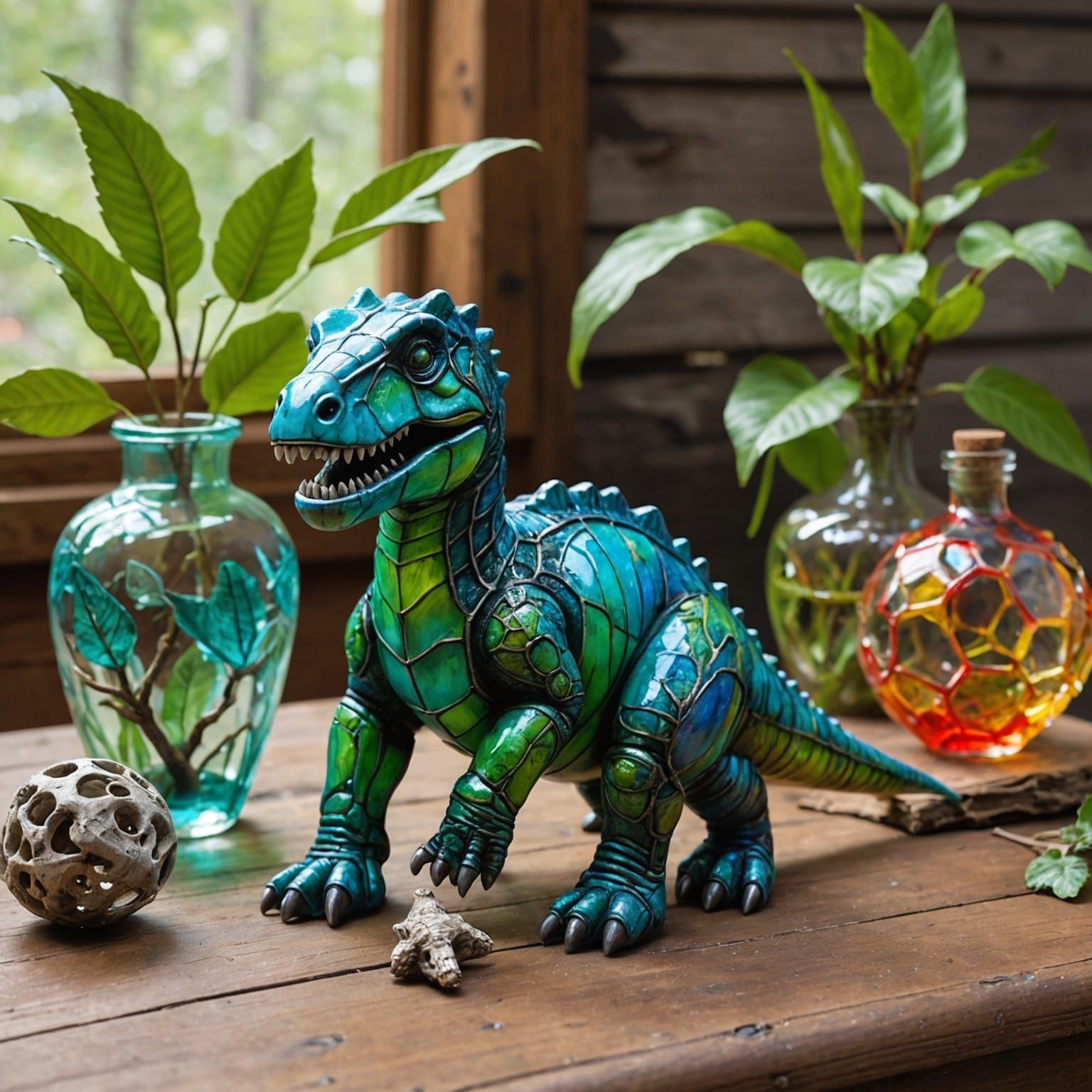 Vibrant Enamel Glass Dinosaur Still Life